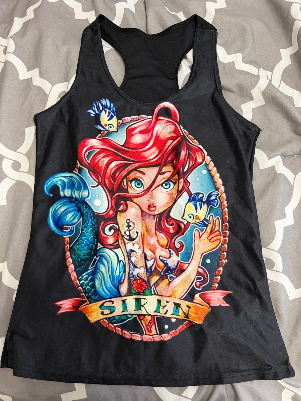 Etsy Black Silky Tank Top with Colorful Mermaid Siren Graphic Size S